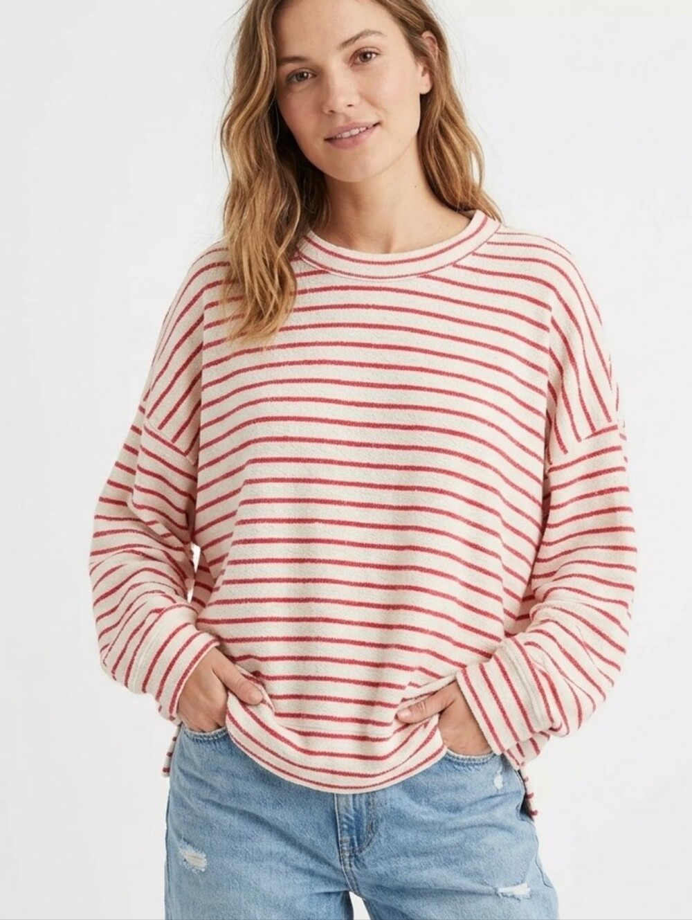 Aerie Oversized Textured Crewneck Sweater Red Cream Stripe Bouclรฉ Slouchy M